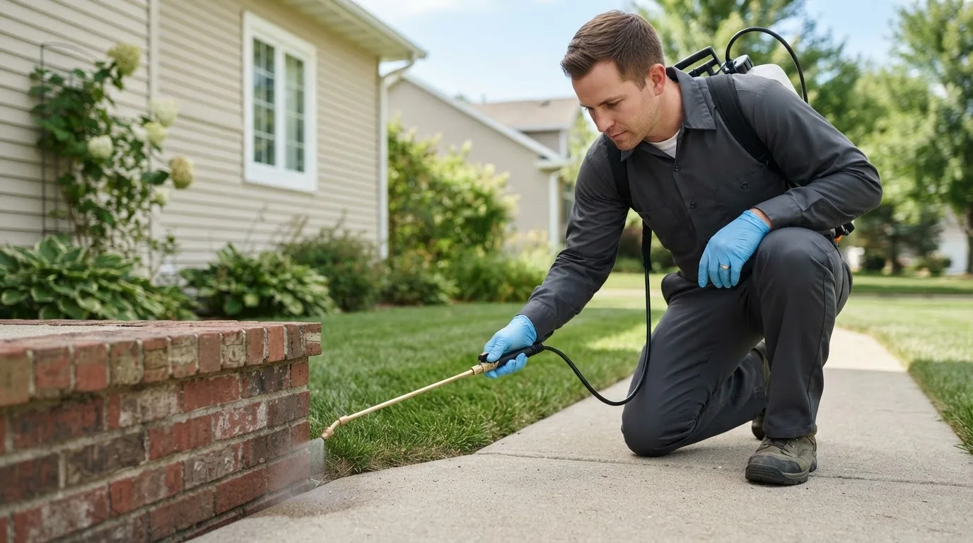 Pest control technician treating a home near Lawrence, MI