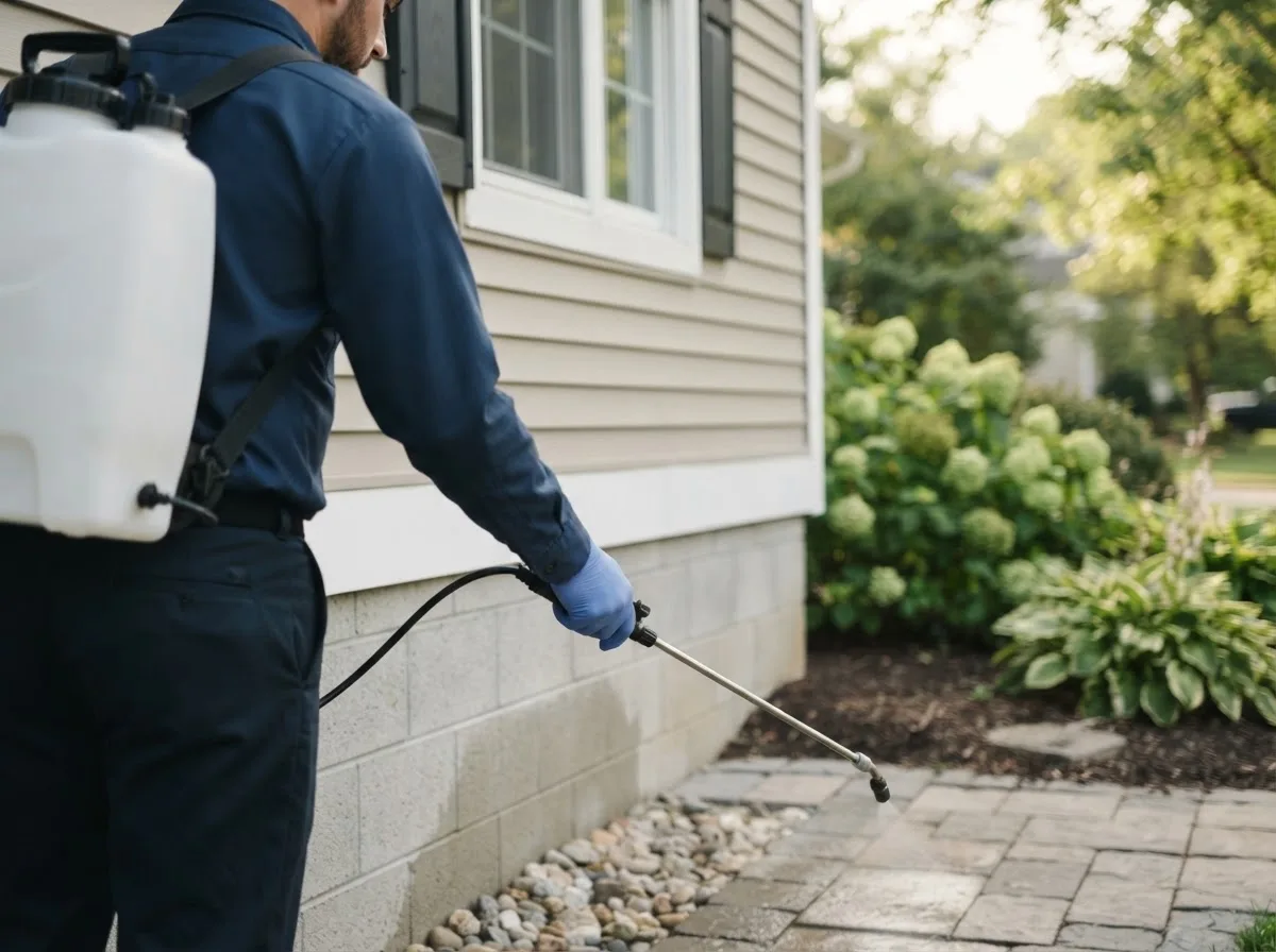 Pest control technician inspecting a home in Lawrence, MI